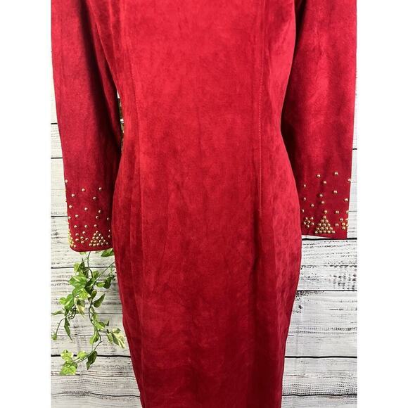 Pia Rucci Vintage Red Leather Dress size 12 Gold Studs 80's Dynasty Christmas - Picture 15 of 16